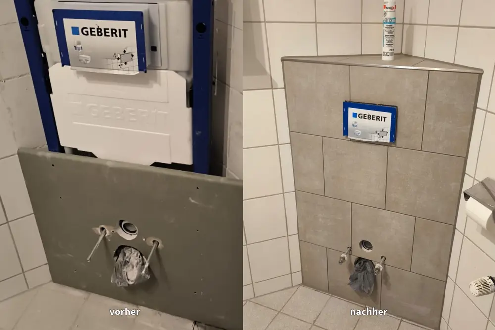 Vorher-Nachher-Vergleich einer gefliesten WC-Vorwand im Badezimmer