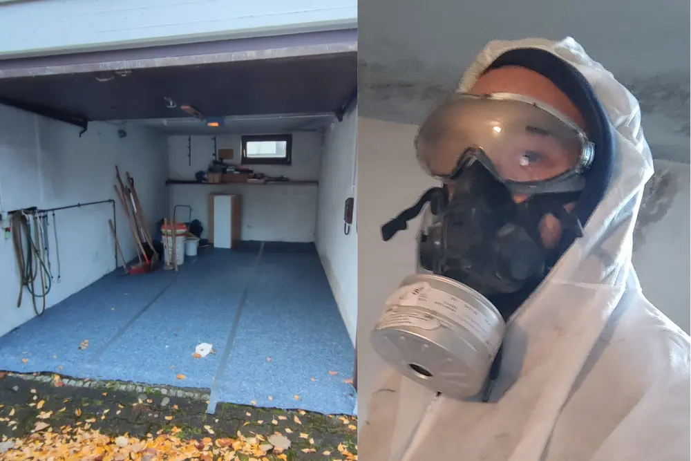 Garage und Fachkraft mit persönlicher Schutzausrüstung bei einer Schimmelsanierung