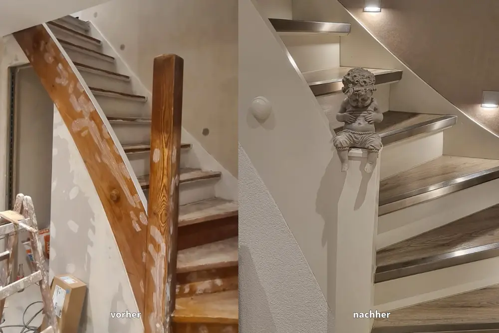 Vorher-Nachher-Vergleich eines renovierten Treppenhauses mit neuen Oberflächen und Stufenbelägen