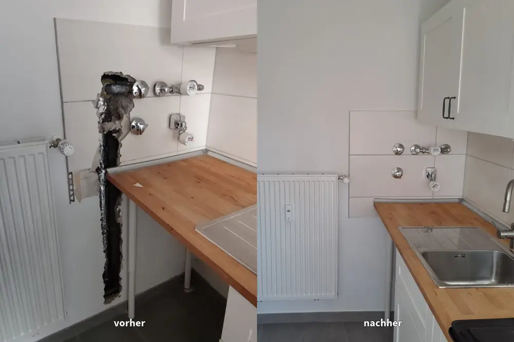 Vorher-Nachher-Vergleich einer Küche nach Öffnung und Wiederherstellung der Wand bei einem Wasserschaden